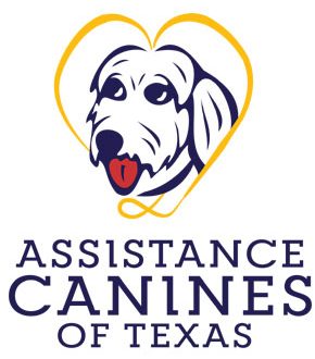 Logo with the drawing of a Labradoodle's head with their tongue string out. There is a yellow leash around the head in the shape of a heart. Below that are the words Assistance Canines of Texas in all capital letters.